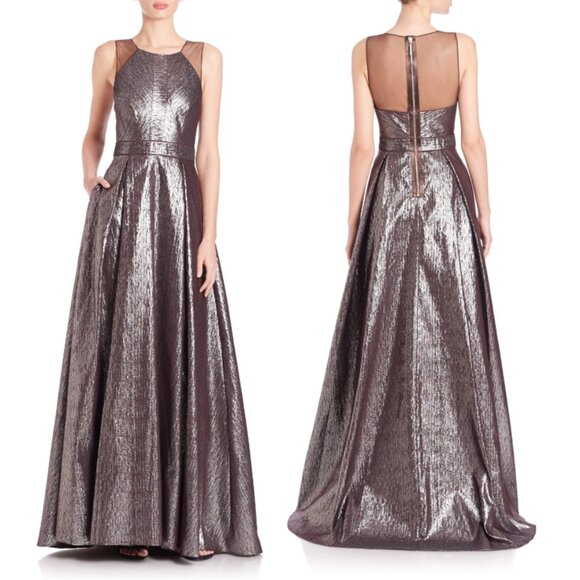 BADGLEY MISCHKA Textured Ball Gown in Metallic Mink sz 4 $990 from SAKS 5th AVE - Picture 1 of 15